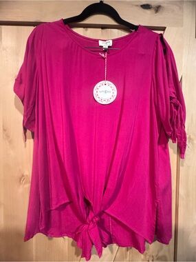 Umgee Hot Pink Tie-Front Short Sleeve Blouse